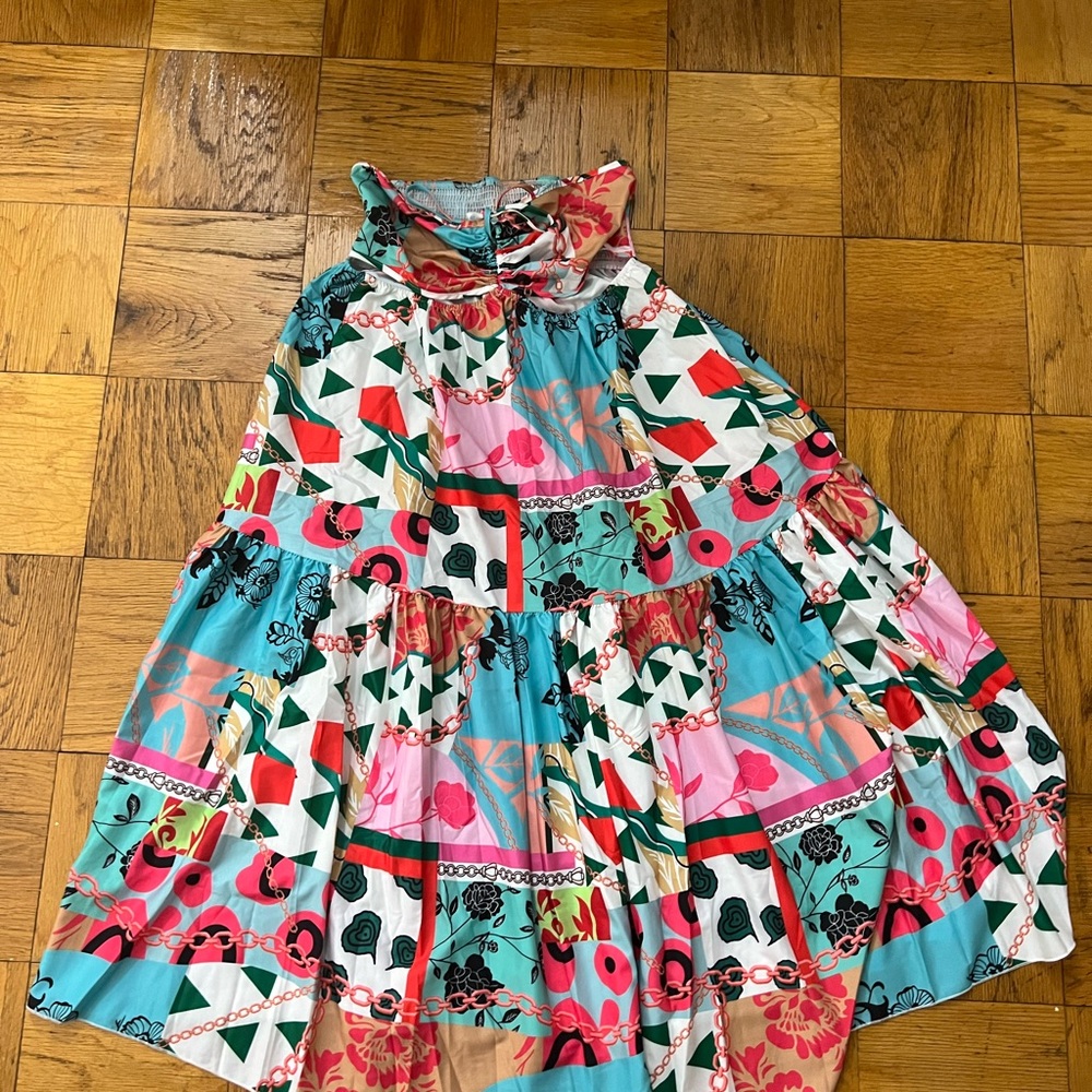 SHEIN Blue Pink Ruched Halter Sundress